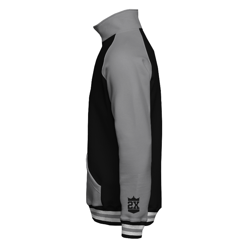 Left of Quarter-Zip Sweatshirt in Black and Light Gray with Light Gray sleeves, ribbing in Black, White and Light Gray and decoration on left cuff