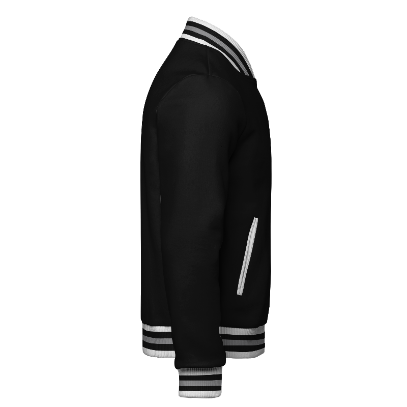Right of Fleece Varsity Jacket in Black and White with ribbing in White, Black and Light Grey