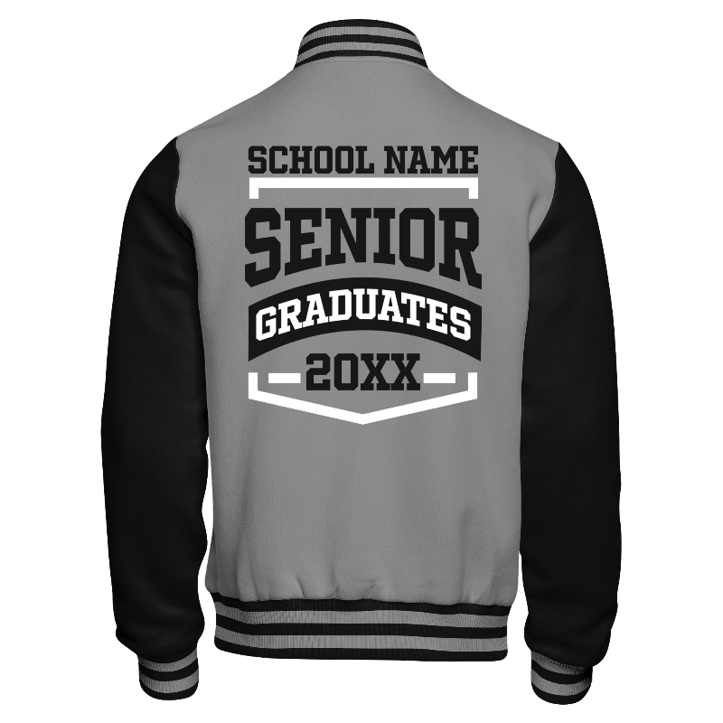 Back of Fleece Varsity Jacket in Light Grey with Black sleeves, ribbing in Black and Light Grey and decoration on back center