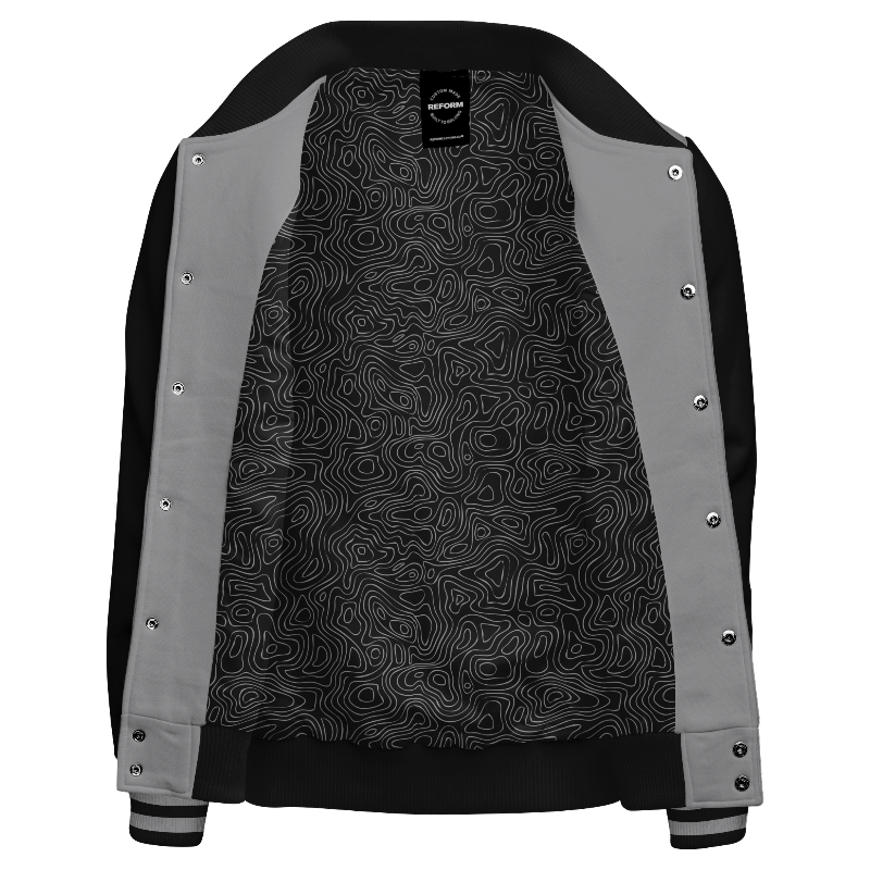 Inside lining of Fleece Varsity Jacket with Topographic lining in Black and Light Grey