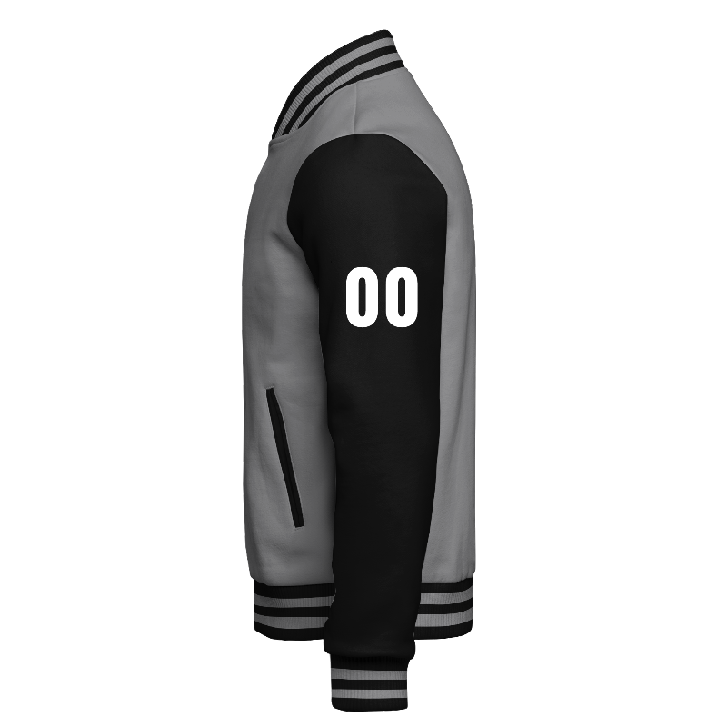 Left of Fleece Varsity Jacket in Light Grey and Black with Black sleeves, ribbing in Black and Light Grey and a custom name for personalisation on sleeve left