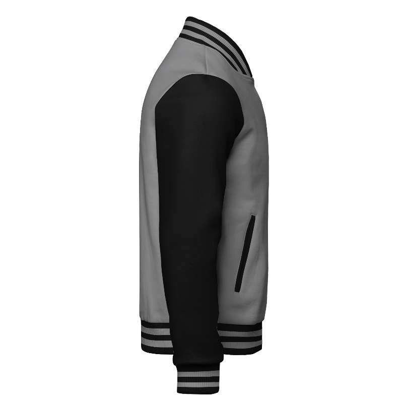 Right of Fleece Varsity Jacket in Light Grey and Black with Black sleeves and ribbing in Black and Light Grey