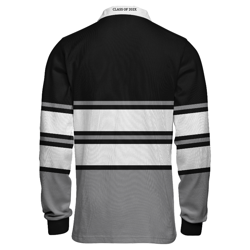 Back of Rugby Jersey  in Black and White with Light Grey and White stripes, ribbing in Black, White and Light Grey and decoration on collar