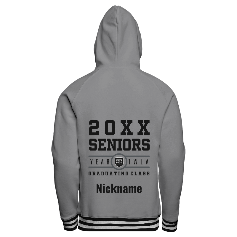 Back of Hoodie in Light Gray with ribbing in Black and White and decoration on back center including a custom name for personalization
