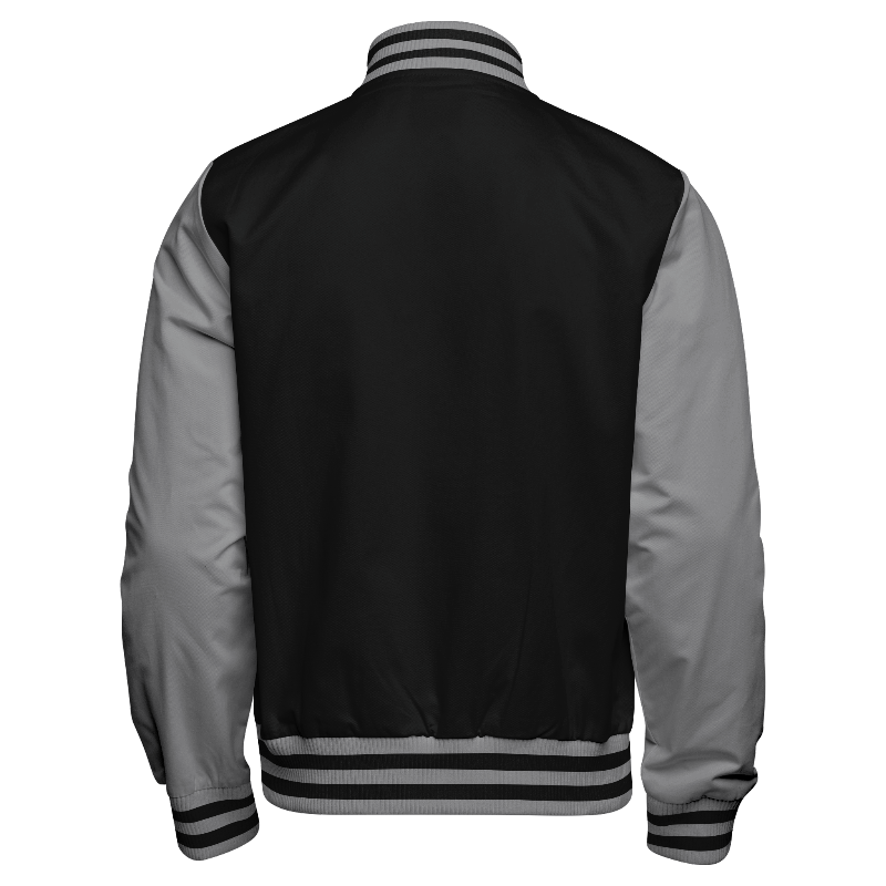Back of Woven Varsity Jacket in Black with Light Grey sleeves and ribbing in Light Grey and Black