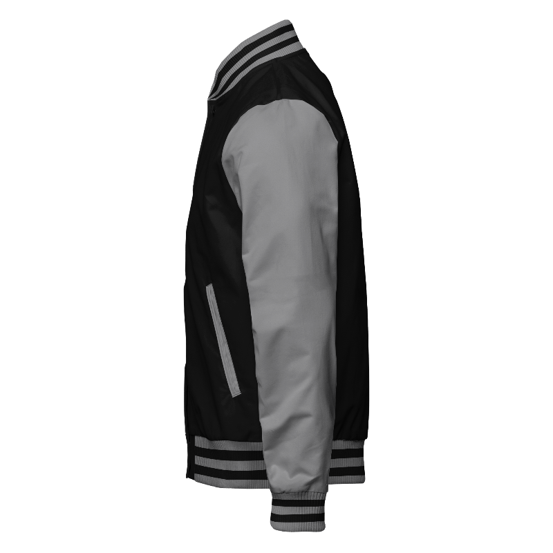 Left of Woven Varsity Jacket in Black and Light Grey with Light Grey sleeves and ribbing in Light Grey and Black