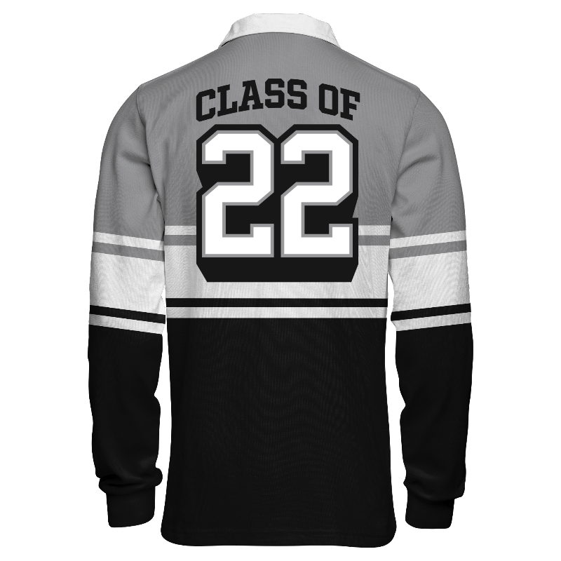 Back of Rugby Jersey  in Light Grey, Black and White with White and Black stripes and decoration on back center