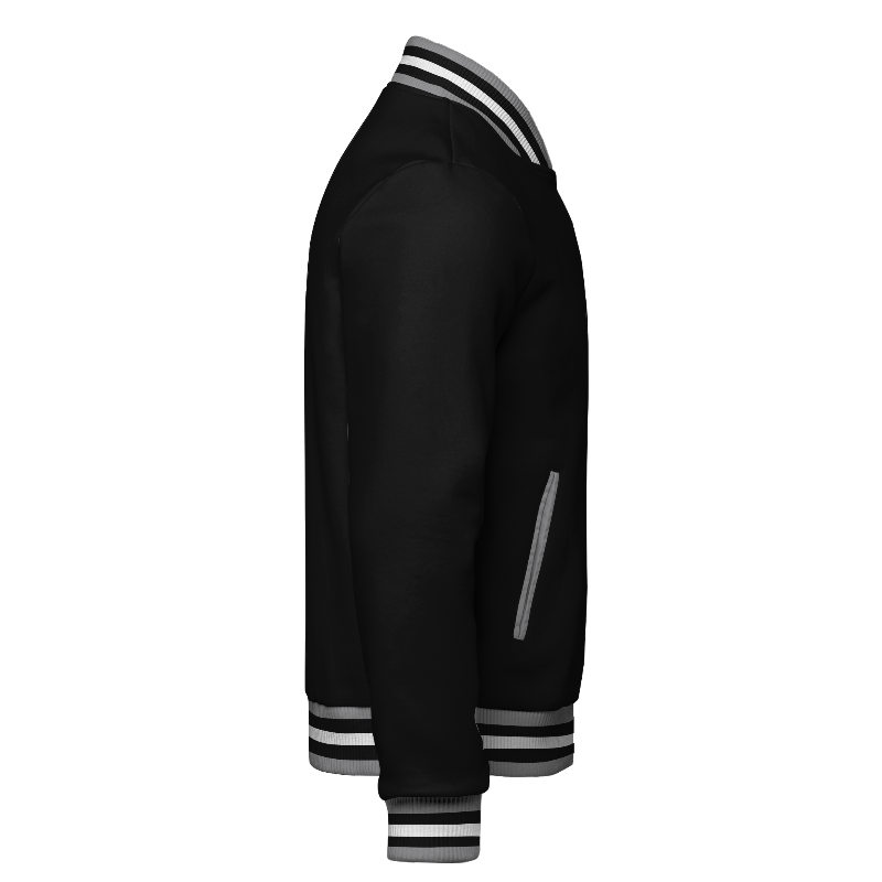 Right of Fleece Letterman Jacket in Black and Light Gray with ribbing in Light Gray, Black and White