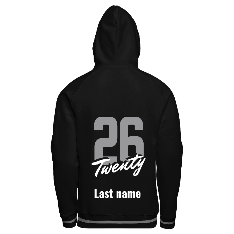 Back of Hoodie in Black with ribbing in Black and Light Grey and decoration on back center including a custom name for personalisation