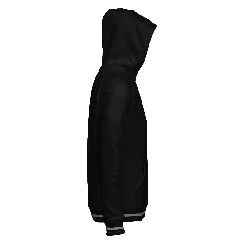Right of Hoodie in Black with ribbing in Black and Light Grey