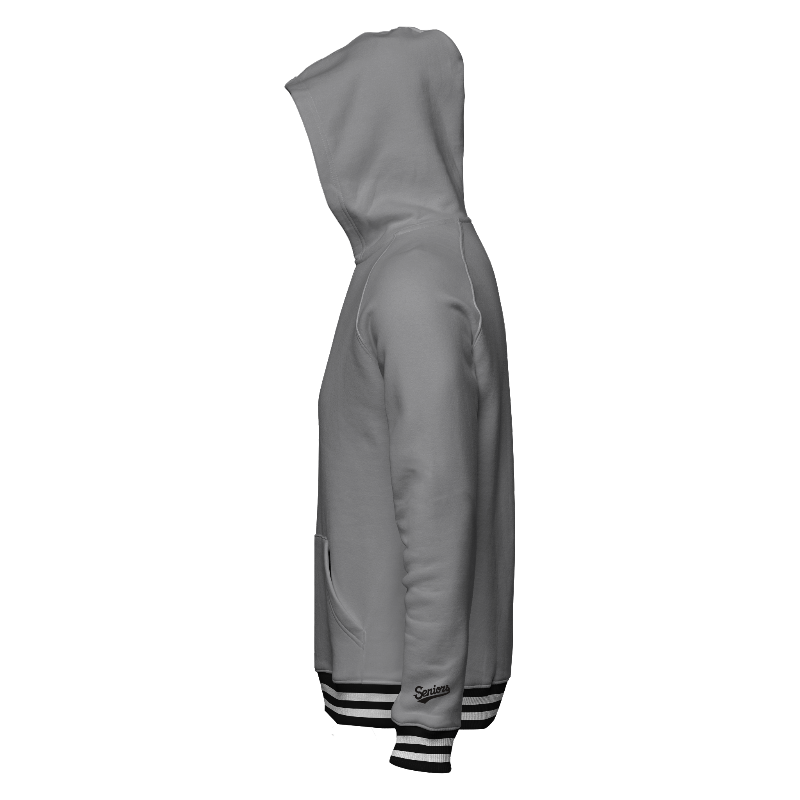Left of Hoodie in Light Grey with ribbing in Black and White and decoration on left cuff