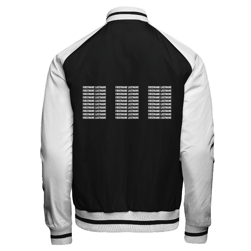 Spray proof back of Reversible Varsity Jacket  in Black with White sleeves, ribbing in White and Black and decoration on back center