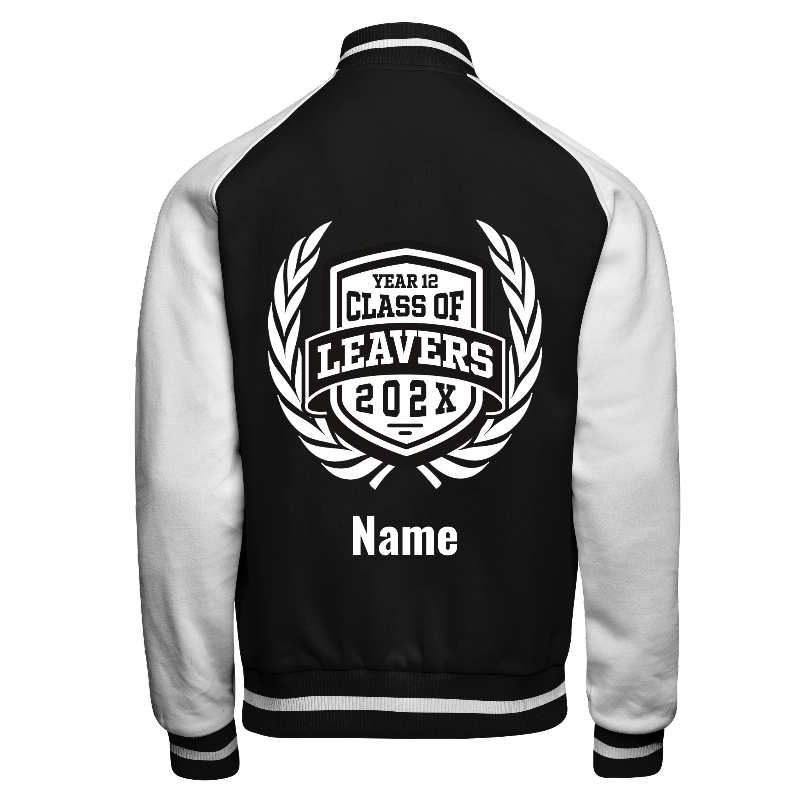 Fleece back of Reversible Varsity Jacket  in Black with White sleeves, ribbing in Black and White and decoration on back center including a custom name for personalisation