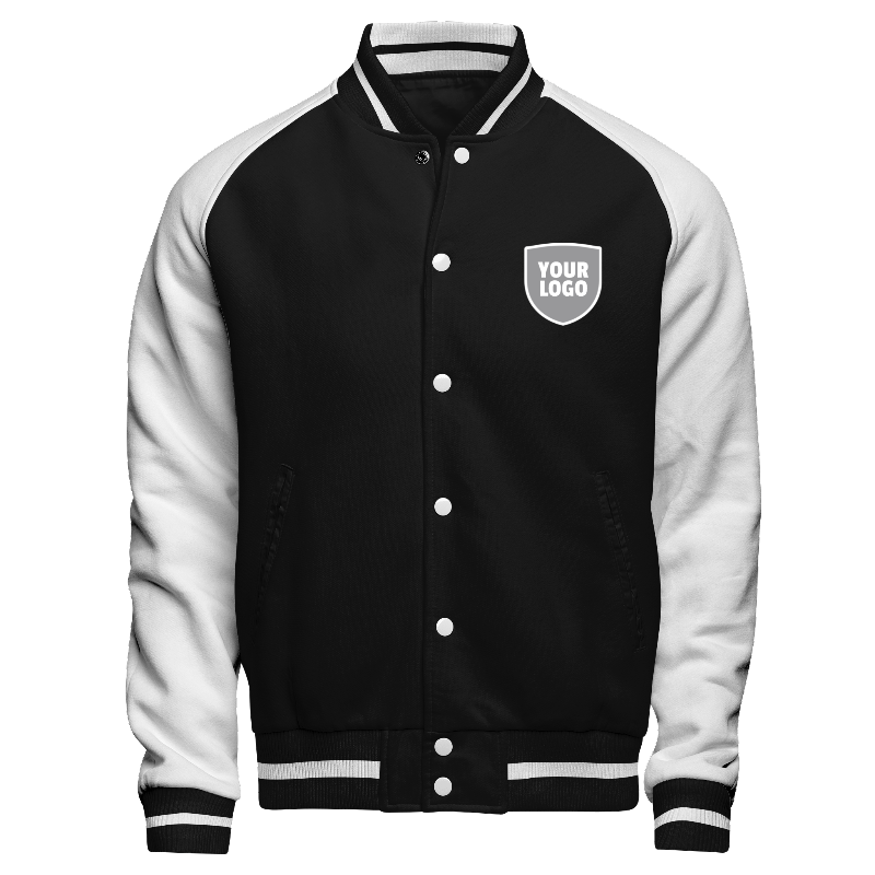 Fleece front of Reversible Varsity Jacket  in Black and White with White sleeves, ribbing in Black and White and decoration on chest left