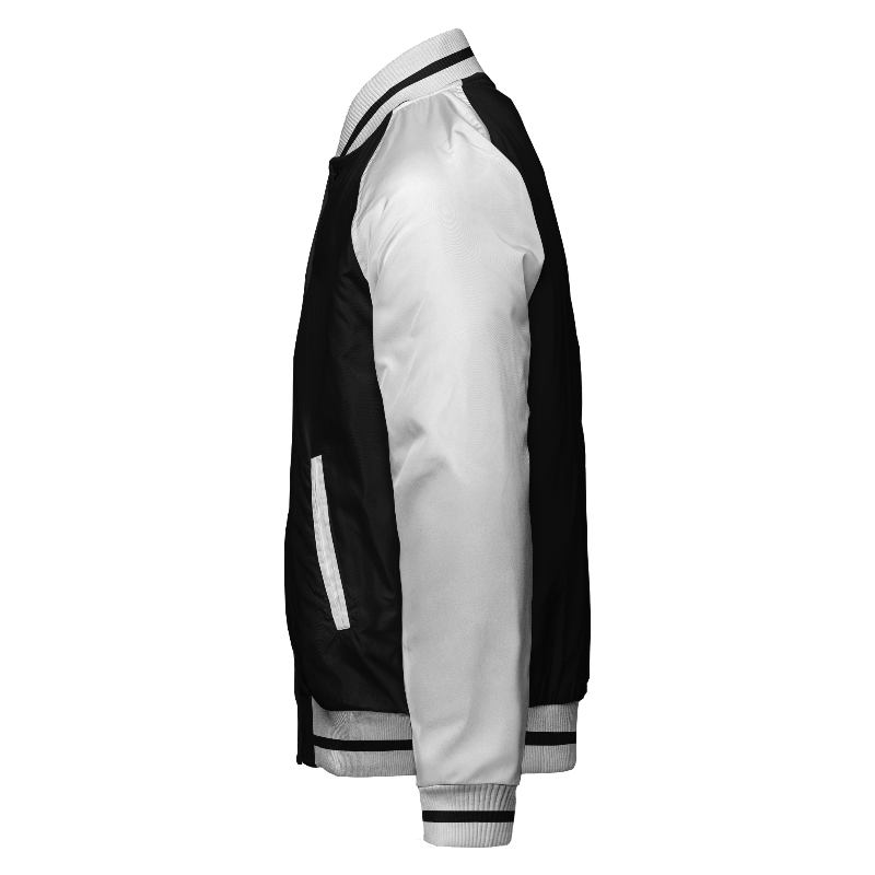 Spray proof left of Reversible Varsity Jacket  in Black and White with White sleeves and ribbing in White and Black