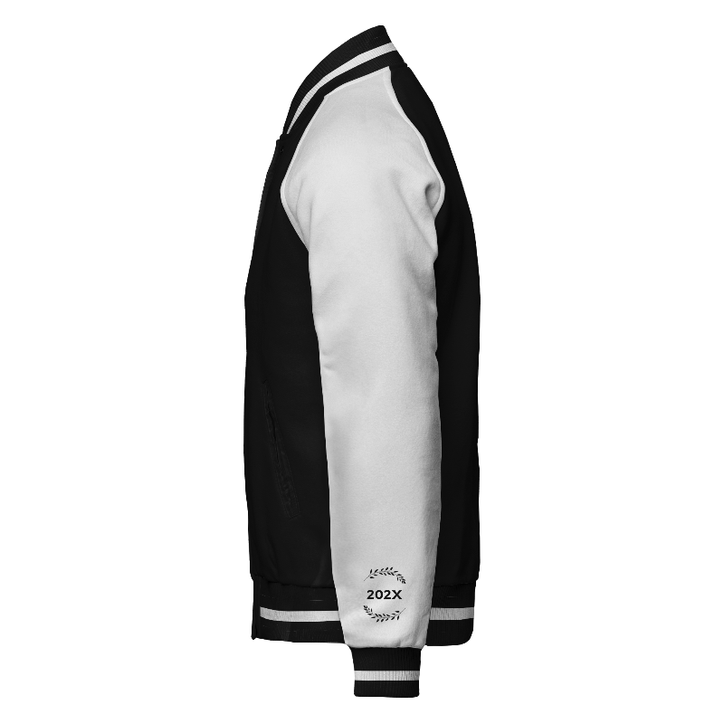 Fleece left of Reversible Varsity Jacket  in Black with White sleeves, ribbing in Black and White and decoration on cuff left