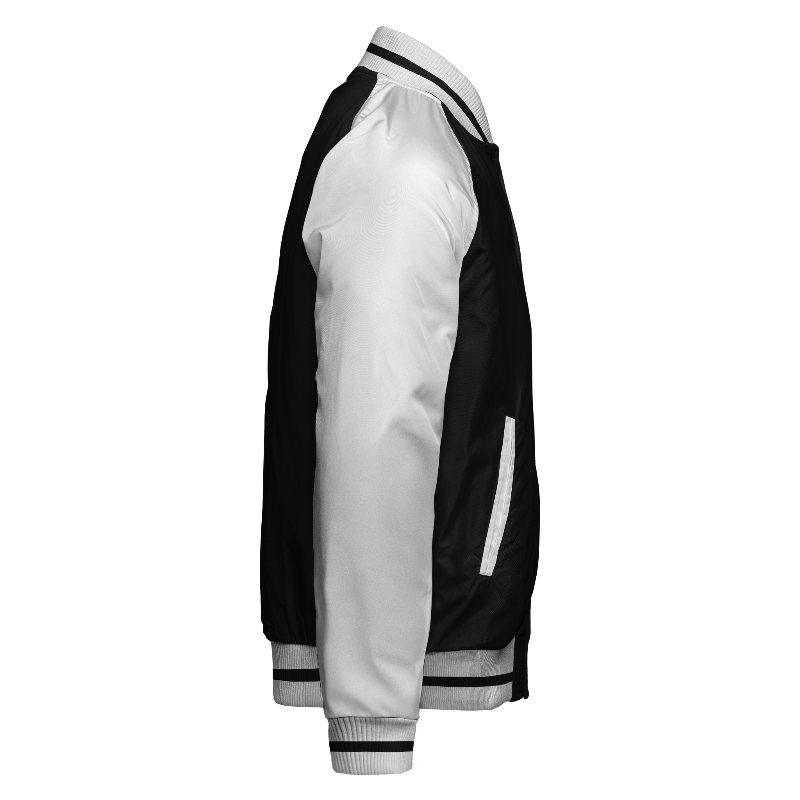 Spray proof right of Reversible Varsity Jacket  in Black and White with White sleeves and ribbing in White and Black