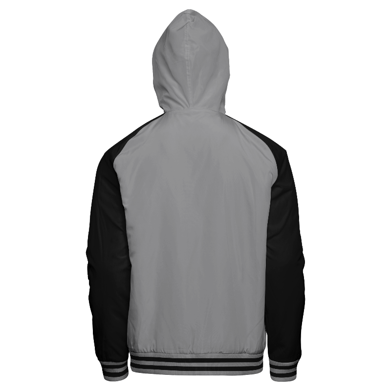 Spray proof back of Reversible Zip Hoodie in Light Gray with Black sleeves and ribbing in Light Gray and Black
