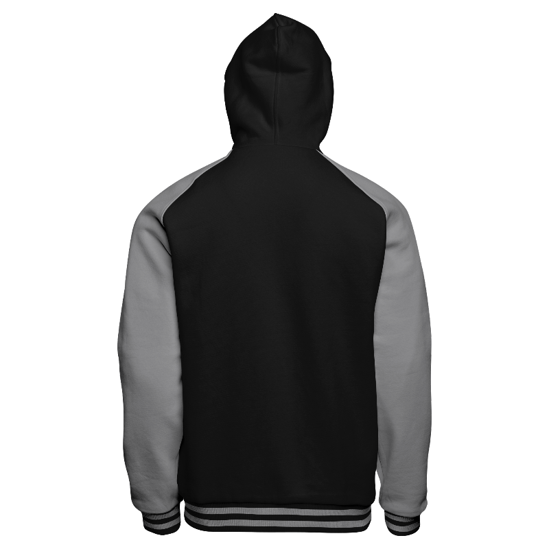 Fleece back of Reversible Zip Hoodie in Black with Light Gray sleeves and ribbing in Black and Light Gray