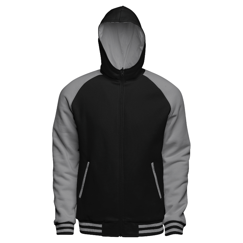 Fleece front of Reversible Zip Hoodie in Black and Light Gray with Light Gray sleeves and ribbing in Black and Light Gray