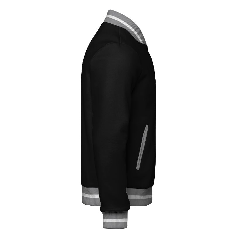 Right of Fleece Varsity Jacket in Black and Light Grey with ribbing in Light Grey and White