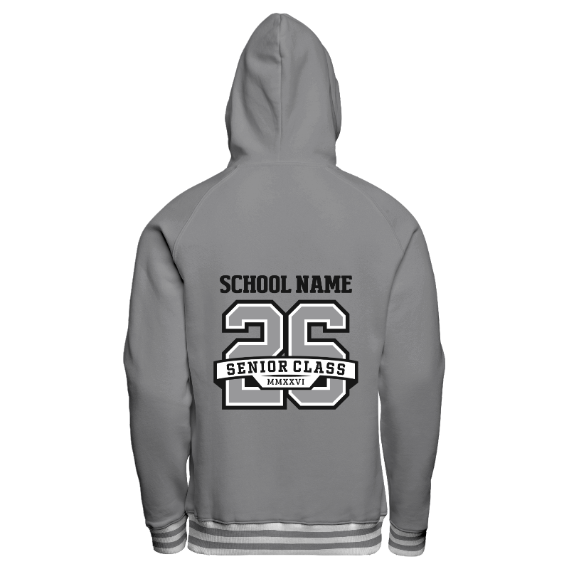 Back of Hoodie in Light Gray with ribbing in White and Light Gray and decoration on back center