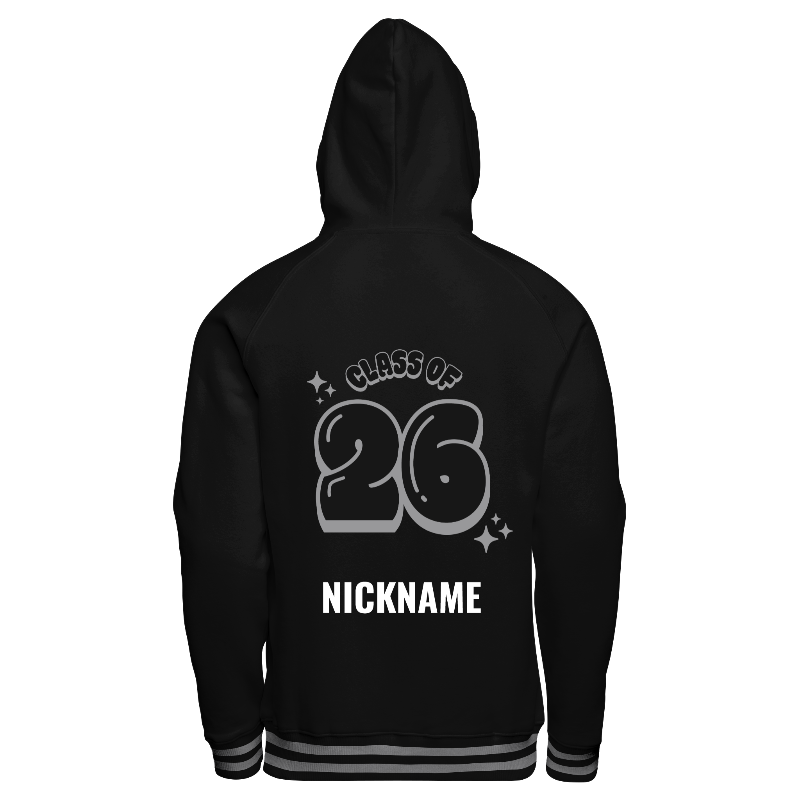Back of Hoodie in Black with ribbing in Black and Light Gray and decoration on back center including a custom name for personalization