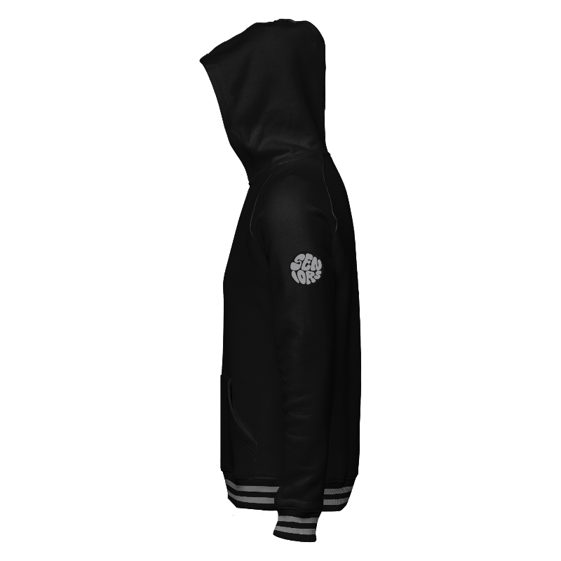 Left of Hoodie in Black with ribbing in Black and Light Gray and decoration on sleeve left