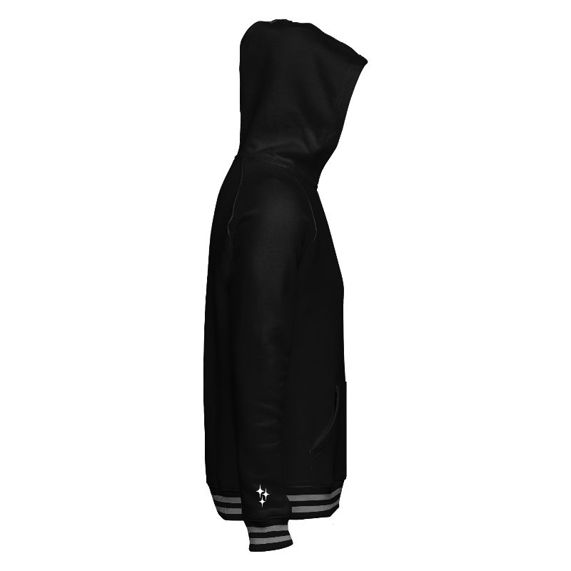 Right of Hoodie in Black with ribbing in Black and Light Gray and decoration on right cuff