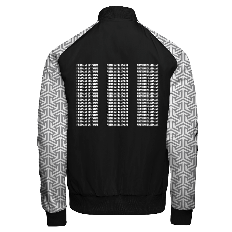 Spray proof back of Reversible Varsity Jacket  in Black with Arabic sleeves in Light Grey and White, ribbing in Black and White and decoration on back center