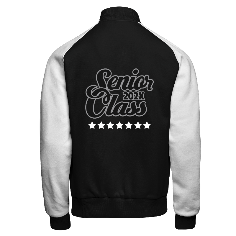 Fleece back of Reversible Varsity Jacket  in Black with White sleeves, ribbing in Black, White and Light Grey and decoration on back center
