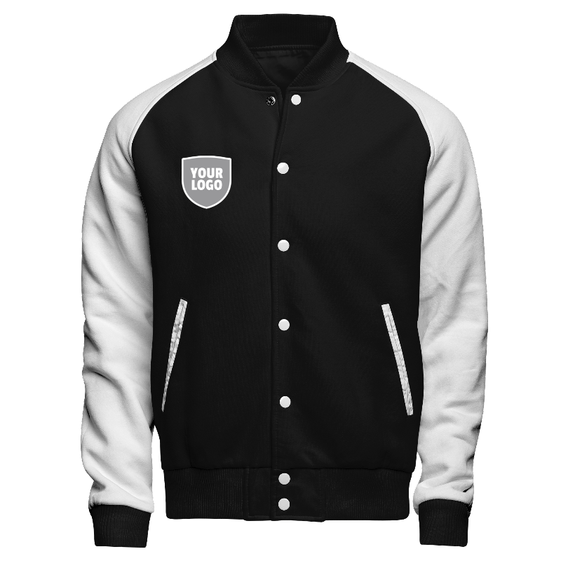 Fleece front of Reversible Varsity Jacket  in Black and White with White sleeves, ribbing in Black, White and Light Grey and decoration on chest right