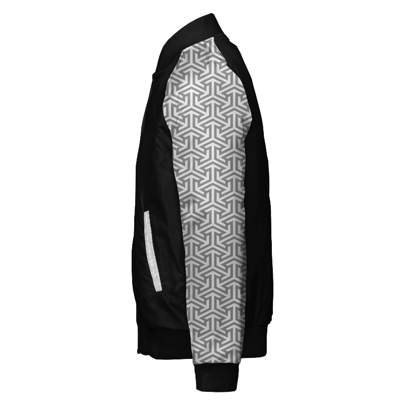 Spray proof left of Reversible Varsity Jacket  in Black and White with Arabic sleeves in Light Grey and White and ribbing in Black and White