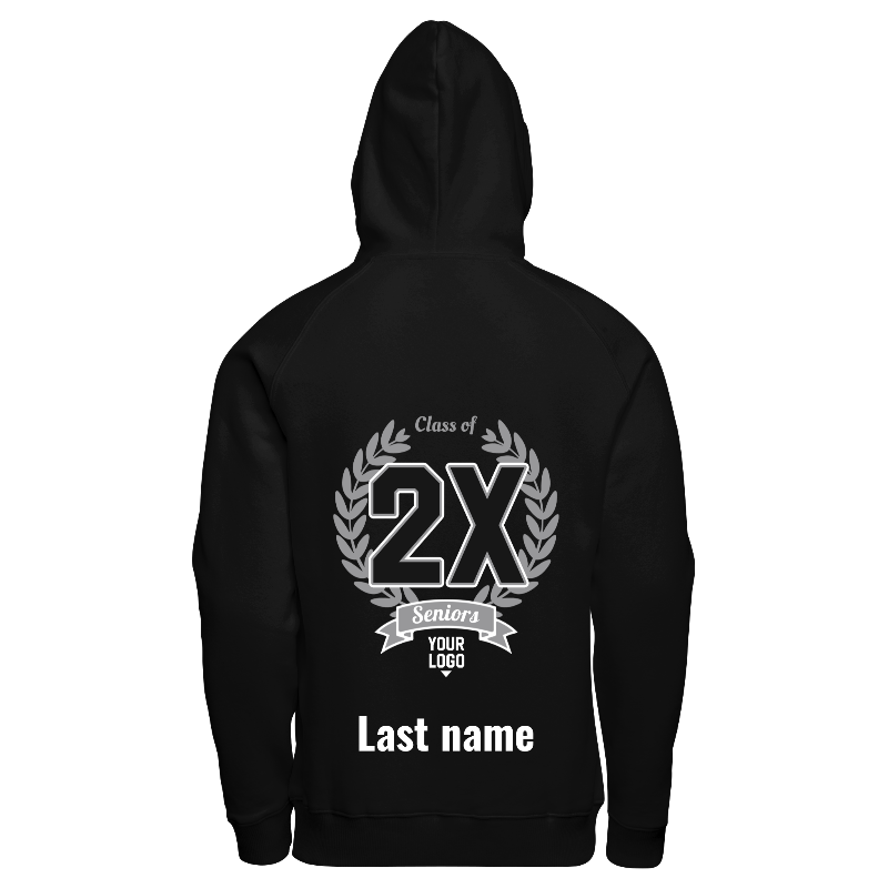 Back of Hoodie in Black with decoration on back center including a custom name for personalization