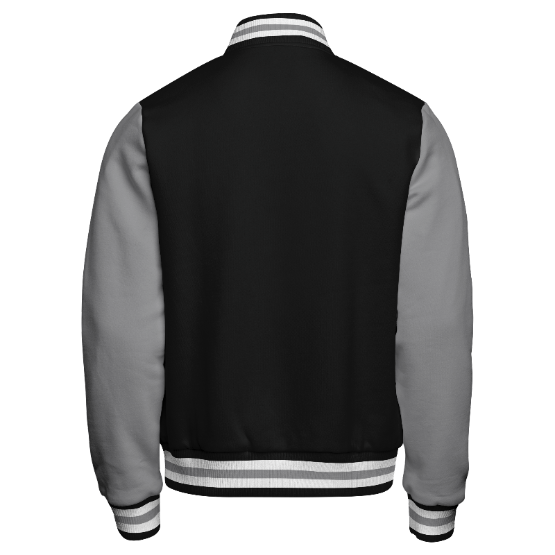 Back of Fleece Varsity Jacket (Stormfront) in Black with Light Grey sleeves and ribbing in Black, White and Light Grey