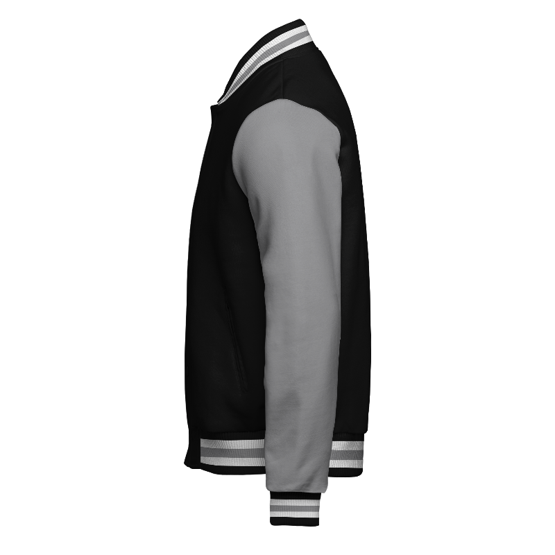 Left of Fleece Varsity Jacket (Stormfront) in Black and White with Light Grey sleeves and ribbing in Black, White and Light Grey