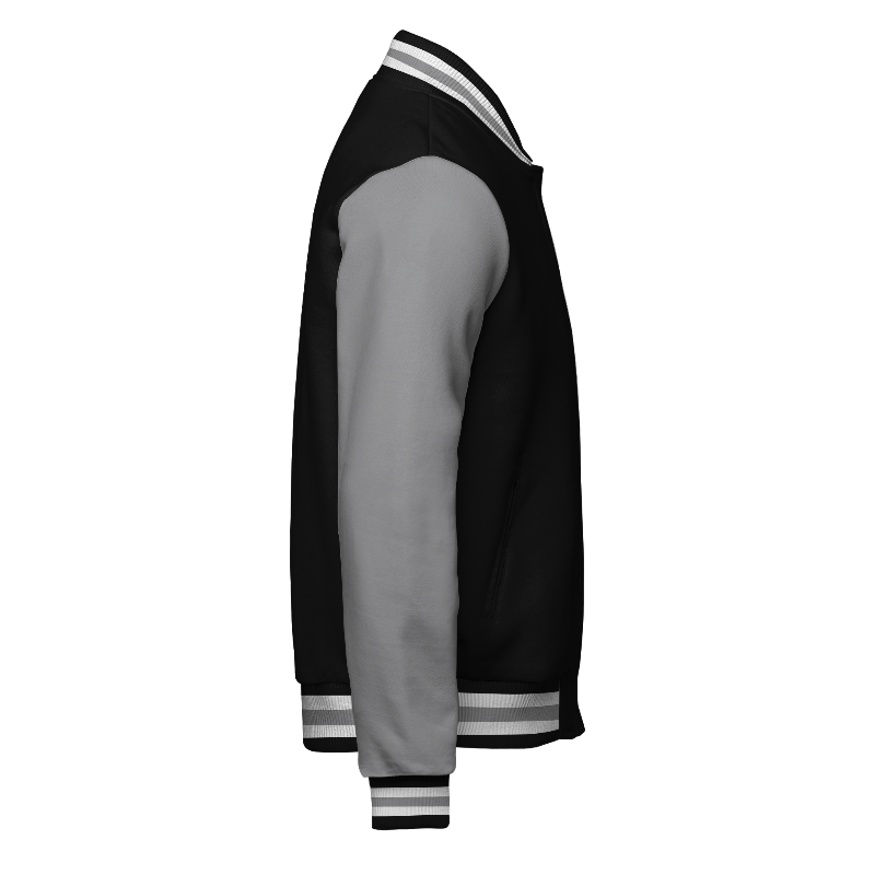 Right of Fleece Varsity Jacket (Stormfront) in Black and White with Light Grey sleeves and ribbing in Black, White and Light Grey