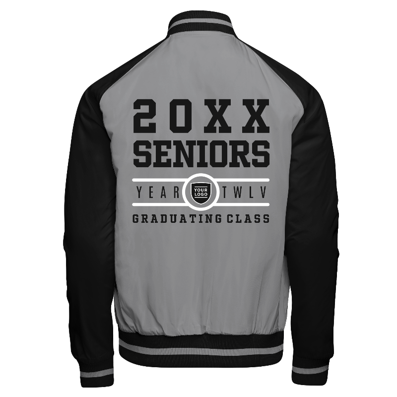 Spray proof back of Reversible Varsity Jacket  in Light Grey with Black sleeves, ribbing in Black and Light Grey and decoration on back center