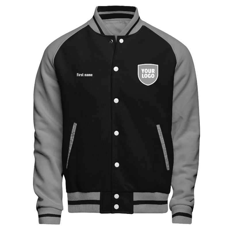 Fleece front of Reversible Varsity Jacket  in Black, White and Light Grey with Light Grey sleeves, ribbing in Light Grey and Black and decorations on the left and right chest including a custom name for personalisation on chest right