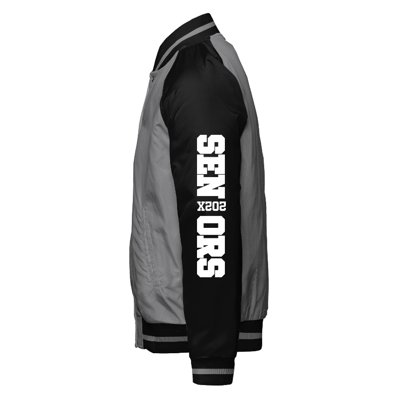 Spray proof left of Reversible Varsity Jacket  in Light Grey with Black sleeves, ribbing in Black and Light Grey and decoration on sleeve left