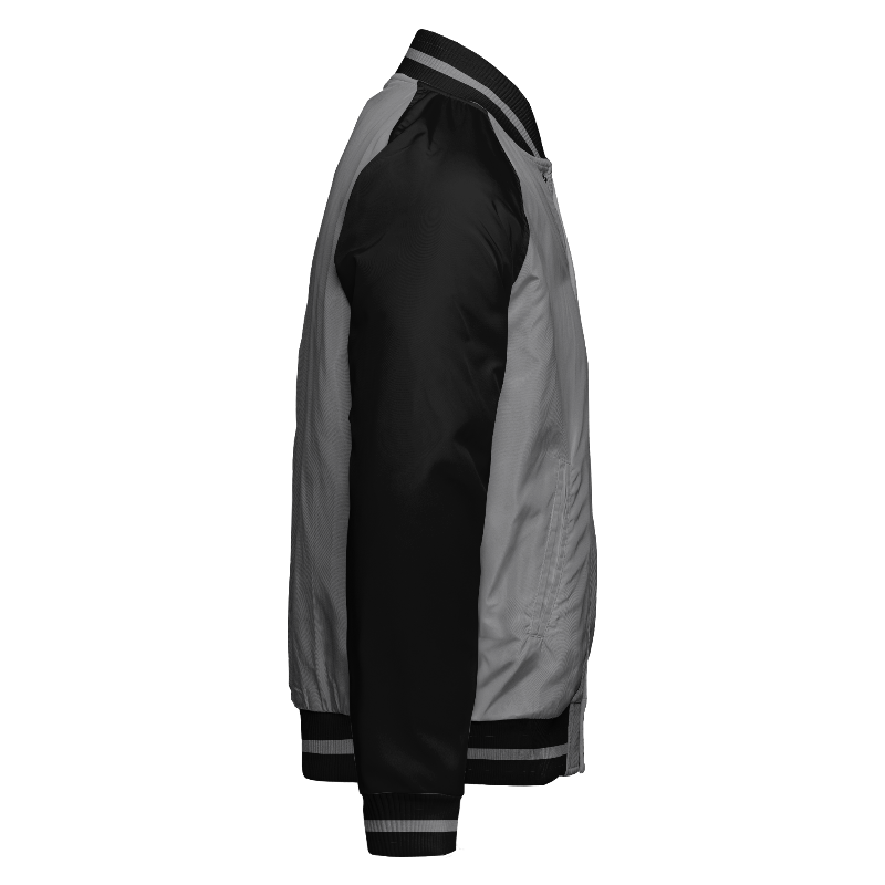 Spray proof right of Reversible Varsity Jacket  in Light Grey with Black sleeves and ribbing in Black and Light Grey