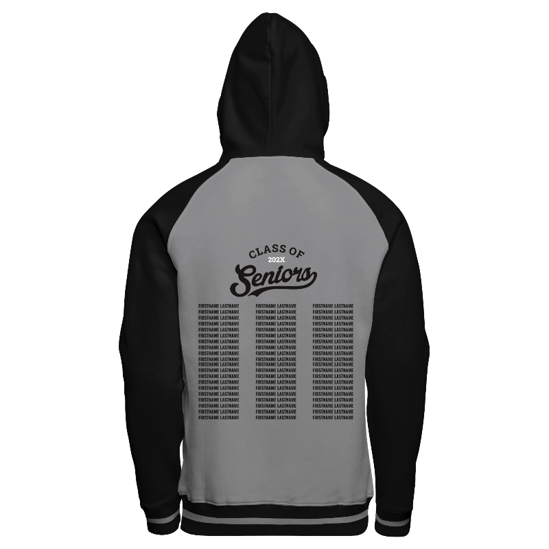 Back of Hoodie in Light Gray with Black sleeves, Black hood, ribbing in Black and Light Gray and decoration on back center