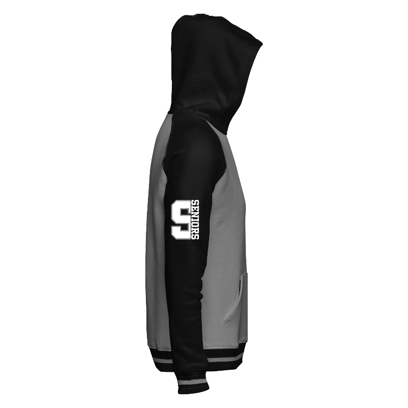 Right of Hoodie in Light Gray with Black sleeves, Black hood, ribbing in Black and Light Gray and decoration on sleeve right