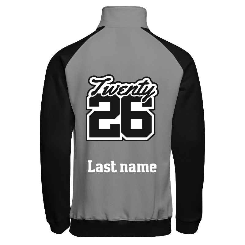 Back of Quarter-Zip Sweater in Light Grey with Black sleeves, ribbing in Black, Dark Grey and Light Grey and decoration on back center including a custom name for personalisation