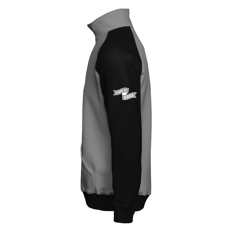 Left of Quarter-Zip Sweater in Light Grey with Black sleeves, ribbing in Black, Dark Grey and Light Grey and decoration on sleeve left