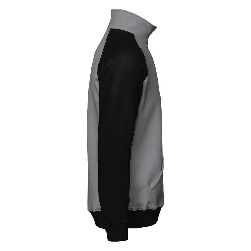 Right of Quarter-Zip Sweater in Light Grey with Black sleeves and ribbing in Black, Dark Grey and Light Grey