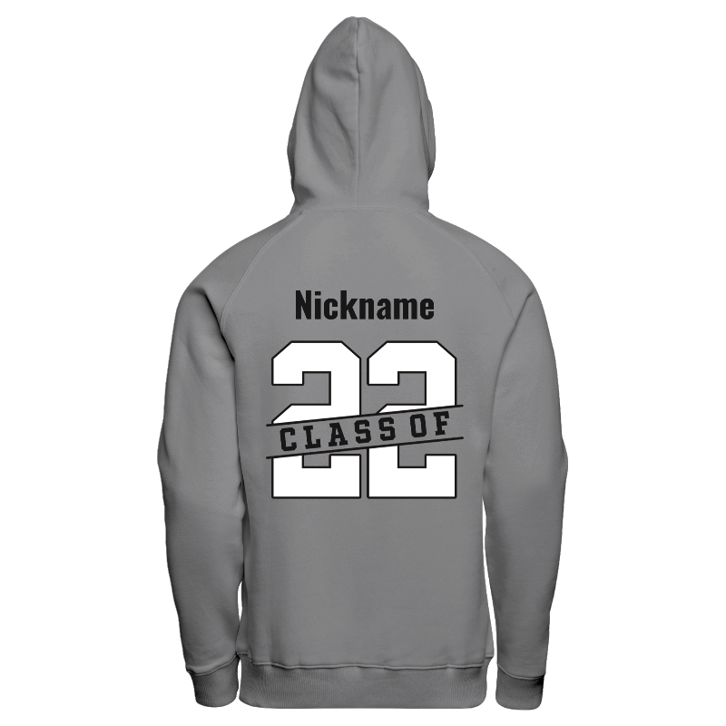 Back of Hoodie in Light Grey with ribbing in Light Grey and White and decoration on back center including a custom name for personalisation