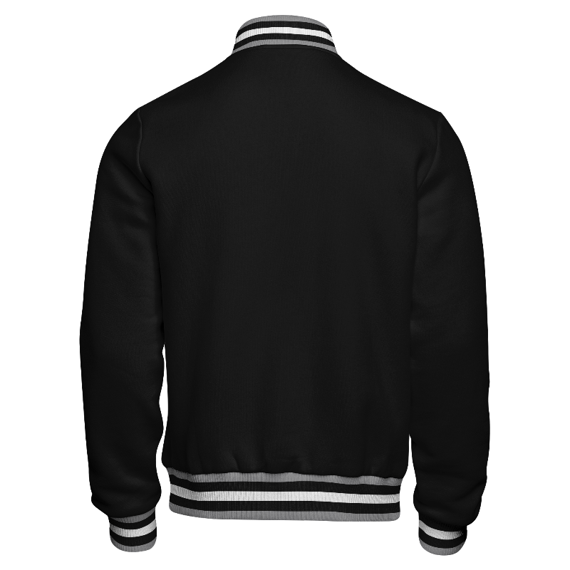 Back of Fleece Varsity Jacket in Black with ribbing in Light Grey, Black and White