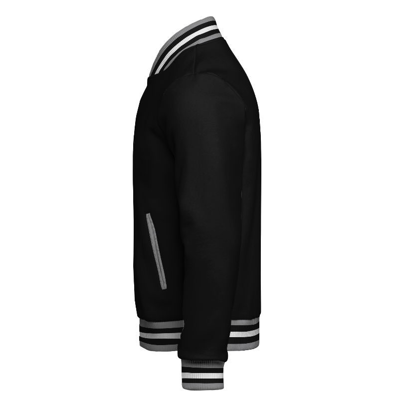 Left of Fleece Varsity Jacket in Black and Light Grey with ribbing in Light Grey, Black and White