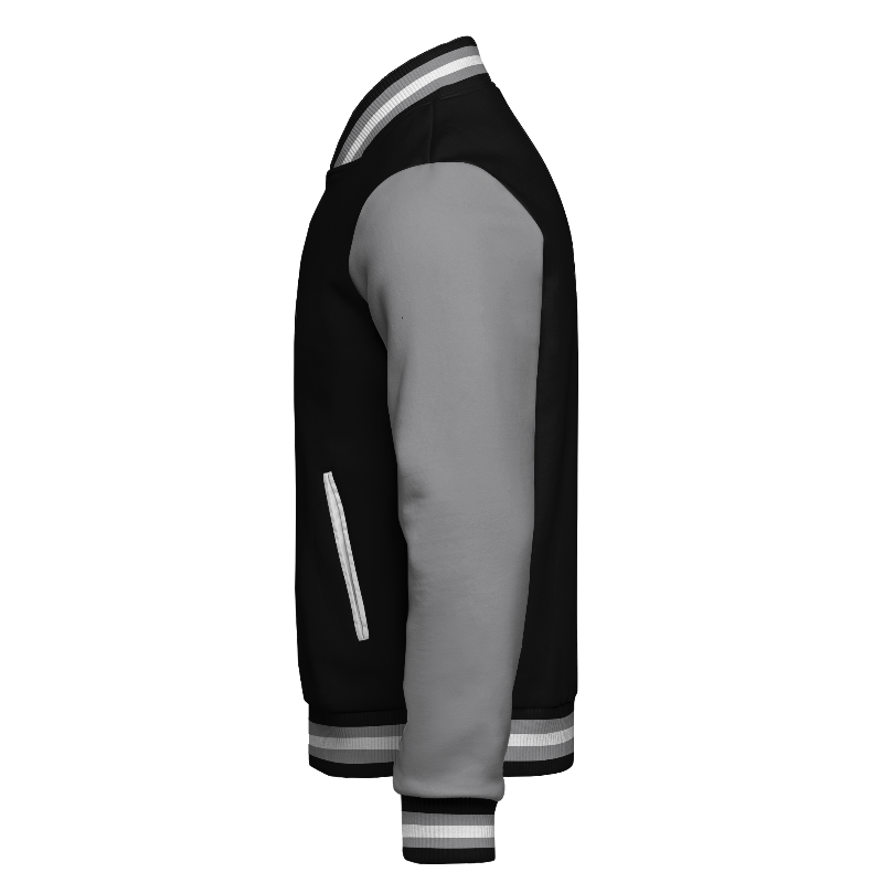 Left of Fleece Varsity Jacket (Zip) in Black and White with Light Grey sleeves and ribbing in Black, Light Grey and White